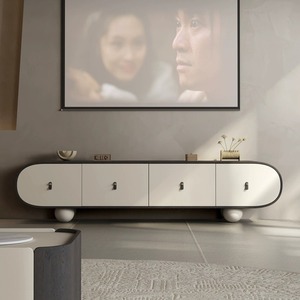 Meuble TV Blanc de Luxe Moderne avec Armoire en Bois Massif, Forme de Capsule Arrondie et Grandes Pieds Rondes pour Salon, Chambre, Appartement - Product Image 1