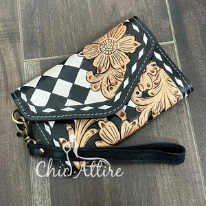 New Checkered Tooled Leather Wallet for Women Cowgirl <b>Wristlet</b> Purse Genuine Cow Leather RFID Card Holder Clutch Organizer Gift - Product Image 1