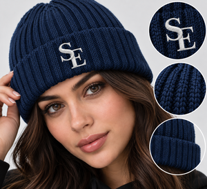 Custom Embossed SE Fisherman Beanie <b>Hat</b> Deep <b>Navy</b> Rib Knit Folded Cuff Winter Warm Unisex Vintage 100% Cotton LED Display Screen - Product Image 5