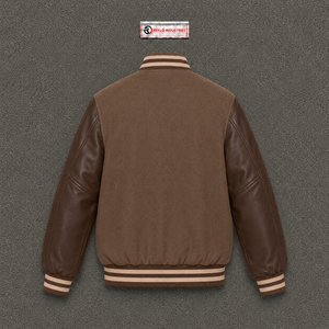Veste universitaire classique marron confortable pour usage quotidien, avec manches en cuir, couleur unie, col rabattu, style décontracté - Product Image 6