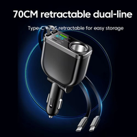 Pengisi Daya Mobil 90W 6 in 1 Kabel Type-C 70cm yang Dapat Ditarik 180 °   Pemisah Pemantik Rokok LED Pengukur Tegangan dengan Pengisian Cepat PD yang Dapat Disesuaikan
