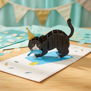 Carte 3D pop-up chat avec chapeau de fête et oiseau, carte de vœux en papier artisanal pour la décoration de la maison - Product Image 6
