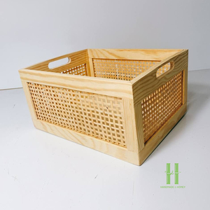 BEST WHOLESALE Custom Solid Wood and Natural Rattan Cane Storage <b>Basket</b> Handmade Decorative Organizer Box - Product Image 1