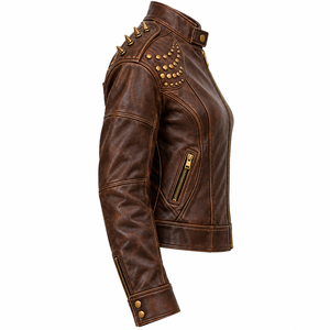 Distressed Brown Leather <b>Jacket</b> <b>Womens</b> Gothic Rose Girl Print Spiked Stud Collar Zip Biker Coat Custom Manufacturing Offer - Product Image 3
