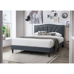 Letto matrimoniale moderno vintage con testiera imbottita e rivestimento in tessuto effetto tela, con finiture a borchie, colore antracite - Product Image 1