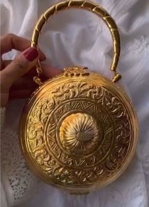 Handmade Handcrafted Round Meenakari Metal Potli Clutch Bag Designer Bridal <b>Purse</b> <b>Red</b> Green Floral Pattern Circular Shape Ring - Product Image 5