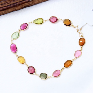 Pulsera de Cadena con Gemas de Turmalina Natural Multicolor Geométricas en Oro Amarillo de 18k para Mujer, Joyería Fina Hecha a Mano para Compromiso y Boda - Product Image 4