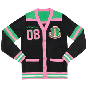 Cardigan anti-rides en tricot pour femme, collection Printemps-Hiver 1908, noir et rose, avec broderie chenille, style Sororité Grecque - Product Image 1