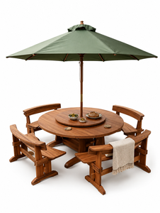 Ensemble de salle à manger d'extérieur en teck rustique de luxe avec table Lazy Susan et parasol - Product Image 2