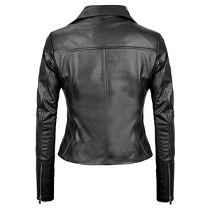 Chaqueta de Motocicleta para Mujer, de Piel de Cordero Negra, Transpirable, Manga Larga, Cierre de Cremallera, Cuello Camisero, Forro de Algodón - Product Image 5