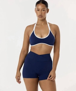 Women 2 Piece Yoga Set Black High Waist Shorts Scoop Neck Halter <b>Bra</b> Contrast Binding Breathable Spandex Polyester Solid Pattern - Product Image 5