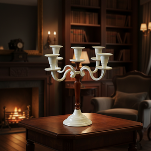 Nouveauté : Candelabre décoratif de table blanc à 5 bras avec tige marron, centre de table de mariage, porte-bougie artisanal - Product Image 3