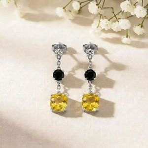 Handmade Cushion Cut Lemon Quartz <b>Earrings</b> With <b>Black</b> Obsidian Drops Minimalist Gemstone Fine <b>Stud</b> <b>Earrings</b> Jewelry - Product Image 6