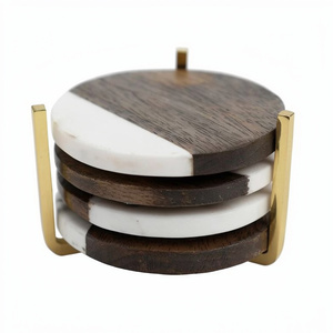 <b>Tea</b> Coaster <b>Wood</b> and Marble Material <b>Set</b> of 4 Dining Table Accessories for White Marble and <b>Wood</b> Coaster with Metal Stand <b>Set</b> - Product Image 1
