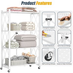 Étagères de garage, étagère de rangement pliable à 4 niveaux avec roulettes, unité d'étagère métallique pliable pour cuisine, sous-sol, blanc - Product Image 4