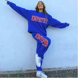 <b>Women</b> Blue Empath Letter Print Tracksuit <b>Set</b> Crew Neck Full Sleeve Loose Fit Casual Sweatshirt and Sweatpants with Side Pockets - Product Image 3