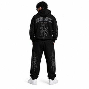 Ekin Impex Custom Streetwear French Terry Digital Print Cropped <b>Distressed</b> AcidWashed Oversized Sweatpants and Zip up Hoodie Set - Product Image 2