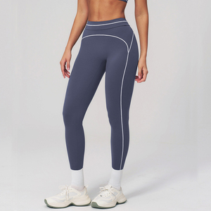 High Waist Knitted Solid Color Sport <b>Leggings</b> With White <b>Line</b> Detail Stretch Breathable Quick Dry Women's Activewear All Seasons - Product Image 1