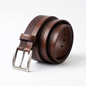 Ceinture en cuir véritable pour homme, marron, boucle en acier, décontractée ou habillée, motif uni, longueur ajustable, style premium - Product Image 2
