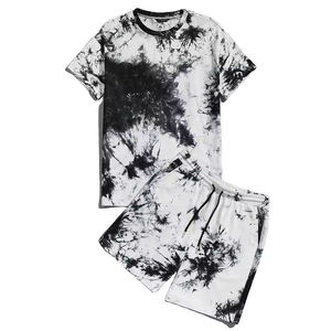 Conjunto de camiseta de manga corta y pantalones cortos con efecto tie-dye para hombre, ropa informal de verano, 100% algodón, tejido transpirable. - Product Image 1