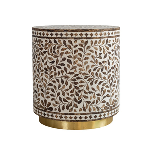 Table d'appoint cylindrique avec incrustation osseuse et motif floral brun sur fond crème, sur pied poli - Product Image 1
