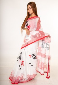 Sari de Algodón Blanco con Estampado Digital Rojo y Borlas para Mujer, Ropa Tradicional India, Estilo Casual, Largo Regular, Estilo Bollywood - Product Image 2