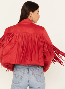 Red Faux Suede Fringe <b>Jacket</b> Women Cropped Open Front Notch Lapel Western Boho Coat Lightweight Microsuede Festival OEM - Product Image 5