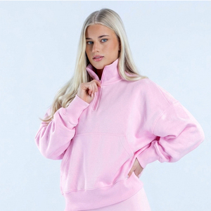 Sweat-shirts à col montant pour femmes, rose bonbon, en molleton de coton, avec fermeture éclair quart, coupe oversize, confortables, qualité supérieure, vente en gros, logo personnalisé - Product Image 4