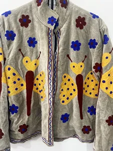 Luxury Boho <b>Velvet</b> Cotton Breathable <b>Jacket</b> for <b>Women</b> with Butterfly Embroidery Floral Pattern Stand Collar Full Sleeves Winter - Product Image 5