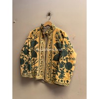 Veste courte en velours pour femme, broderie florale faite à la main, style hippie, avec doublure intérieure en coton, pour l'hiver.