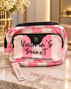 Bolsa de cosméticos de viaje a rayas rosas con cremallera, bolsa de maquillaje de gran capacidad, organizador de artículos de tocador de estilo de diseñador para mujer - Product Image 4