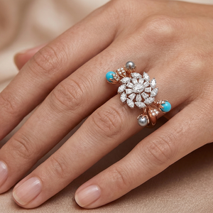 Exquisite Floral Design Rose Gold <b>Ring</b> Featuring Brilliant <b>Crystal</b> Cluster and Blue Stone Accents for Wedding Engagement Party - Product Image 3