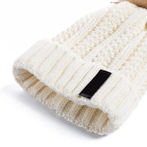 Cream <b>Chunky</b> <b>Knit</b> Beanie Hat With Fluffy Pom Pom Fold Cuff Warm Winter Cap - Product Image 2