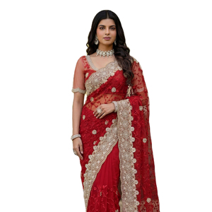 Heavy Look Bridal Sari Traditional Indian Designer Net <b>Saree</b> <b>Blouse</b> Women's Party Wear Embroidery Work with Pearls Diamonds Work - Product Image 1