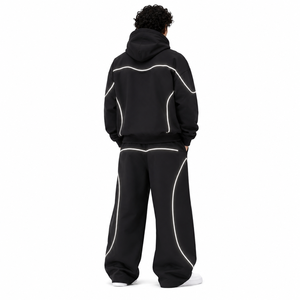 Ensemble de survêtement en polaire 2 pièces avec bandes réfléchissantes, sweat à capuche oversize et pantalon de jogging large pour homme, streetwear noir 100% coton, logo personnalisé - Product Image 2