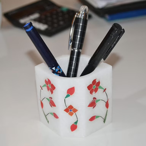Durable Handmade Modern Style <b>White</b> Marble <b>Pen</b> Pencil Holder Elegant Inlay Floral Pattern Crafts At Wholesale Price - Product Image 3