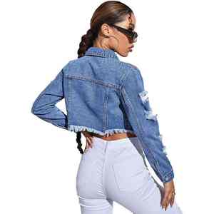 New Design Women's <b>Crop</b> <b>Top</b> Casual Ripped Holes Short Raw Hem Knitted Light <b>Blue</b> Colour Button Up Denim <b>Tops</b> - Product Image 2