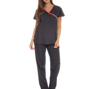 <b>Women</b> <b>Black</b> Scrub Set V-Neck Top With Pink Trim Hospital Uniform Cotton Polyester Woven Fabric <b>Pants</b> - Product Image 1