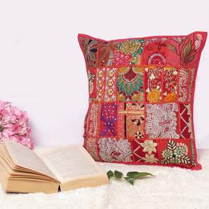 Indian Handmade Mirror Work Vintage Patchwork Handcrafted Embroidered Cushion Cover Home Decor Pillow Case Wedding Decoration - Product Image 4