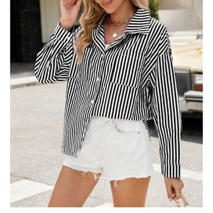 เสื้อเชิ้ตผู้หญิงแขนยาวลายทาง คอเหลี่ยม ติดกระดุม มีกระเป๋า ระบายอากาศได้ดี เหมาะสำหรับใส่ทำงานในออฟฟิศ ขายดีช่วงซัมเมอร์ - Product Image 4