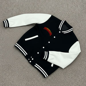 Customized Men's <b>Black</b> Varsity <b>Jacket</b> Cream Sleeves Embroidered Logo Front Button Closure Preppy Style Autumn Wear Regular Fit - Product Image 4