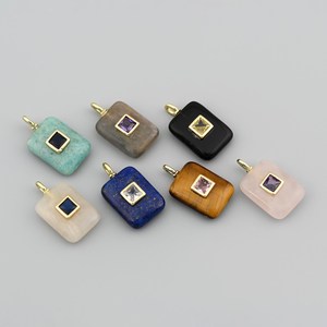Natural Lapis Lazuli Charm Rounded Rectangle Pendant Gold Plated <b>Square</b> Zircon Bezel <b>Set</b> Jewelry Connector Wholesale - Product Image 6