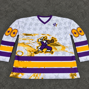 Maillot de hockey sur glace personnalisé pour homme, col en V, manches longues, impression sublimée, rayures violettes et jaunes, vêtement en polyester respirant - Product Image 6