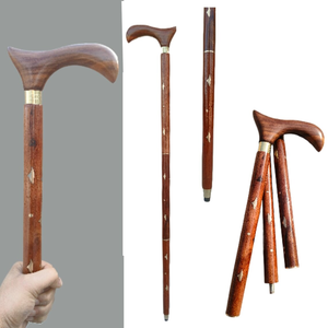 Handcrafted <b>Wooden</b> Walking Cane with Curved Carved <b>Handle</b> Brass Detail Vintage Classic Walking Stick Handmade Cane - Product Image 3