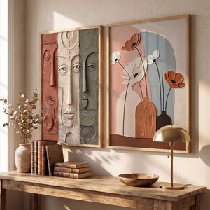 Ensemble d'art mural abstrait moderne, lot de 2 |   Peinture sur toile texturée avec visages et motifs floraux |   Décoration murale minimaliste en bois encadrée pour salon - Product Image 3