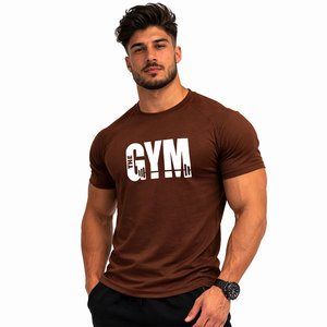The Gym Men's Slim Fit Short Sleeve T-Shirt <b>Brown</b> Cotton Jersey Crew Neck Casual Breathable Printed Design Front Letter Pattern - Product Image 1