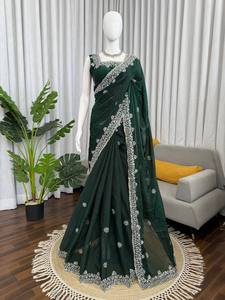 Sari vert émeraude en velours de soie, longueur ras du sol, séchage rapide, bordure florale perlée, style Banarasi, robe de mariée pour cérémonie - Product Image 3