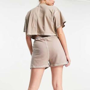 Conjunto de dos piezas de algodón para mujer: camisa de manga corta y pantalones cortos casuales sueltos con cordón, cuello redondo - Product Image 6