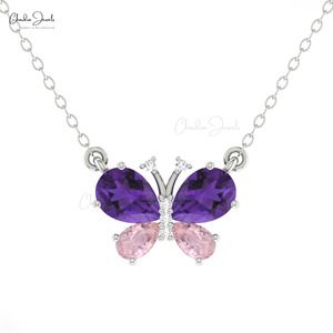 Hot Products 7×5mm Pear Cut Amethyst & Pink Morganite <b>Necklace</b> in 14k Solid Gold with Diamond Butterfly Nature Inspired Jewelry - Product Image 4