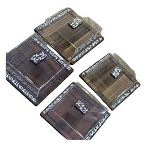 Plateau de service en bois artisanal de qualité avec incrustations de nacre, 6 pièces, avec poignées, boîte à mouchoirs, plateau pour serpillière, taille et couleur personnalisables, Inde - Product Image 3